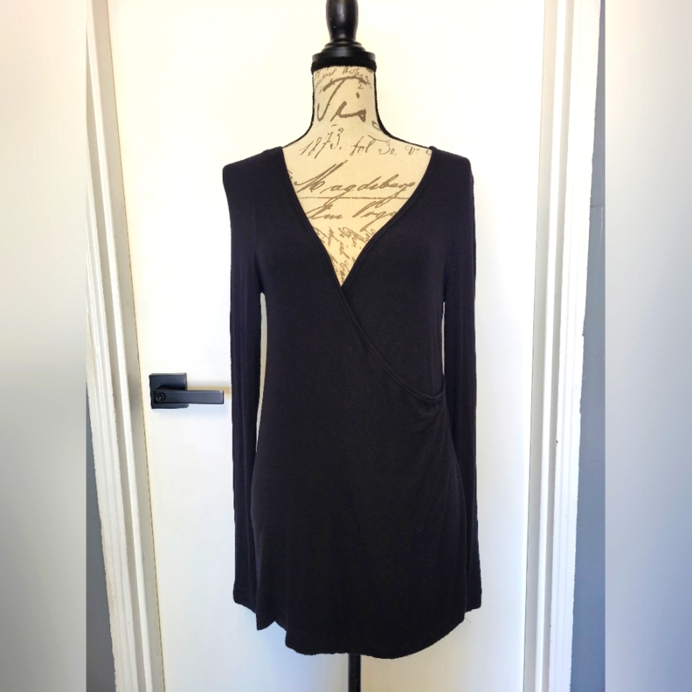 We The Free by Free People Black Micro Ribbed Wrap Top Thermal Pullover Small